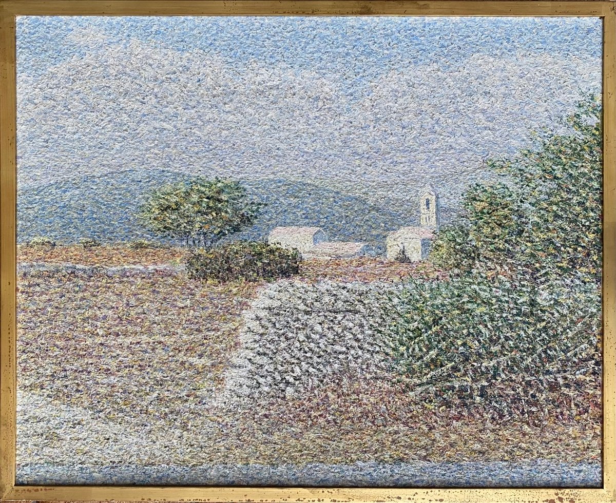 "saint-michel Ghisonaccia Church In Corsica" Oil On Canvas By C. Lecordier 1969 - 80 X 64 Cm