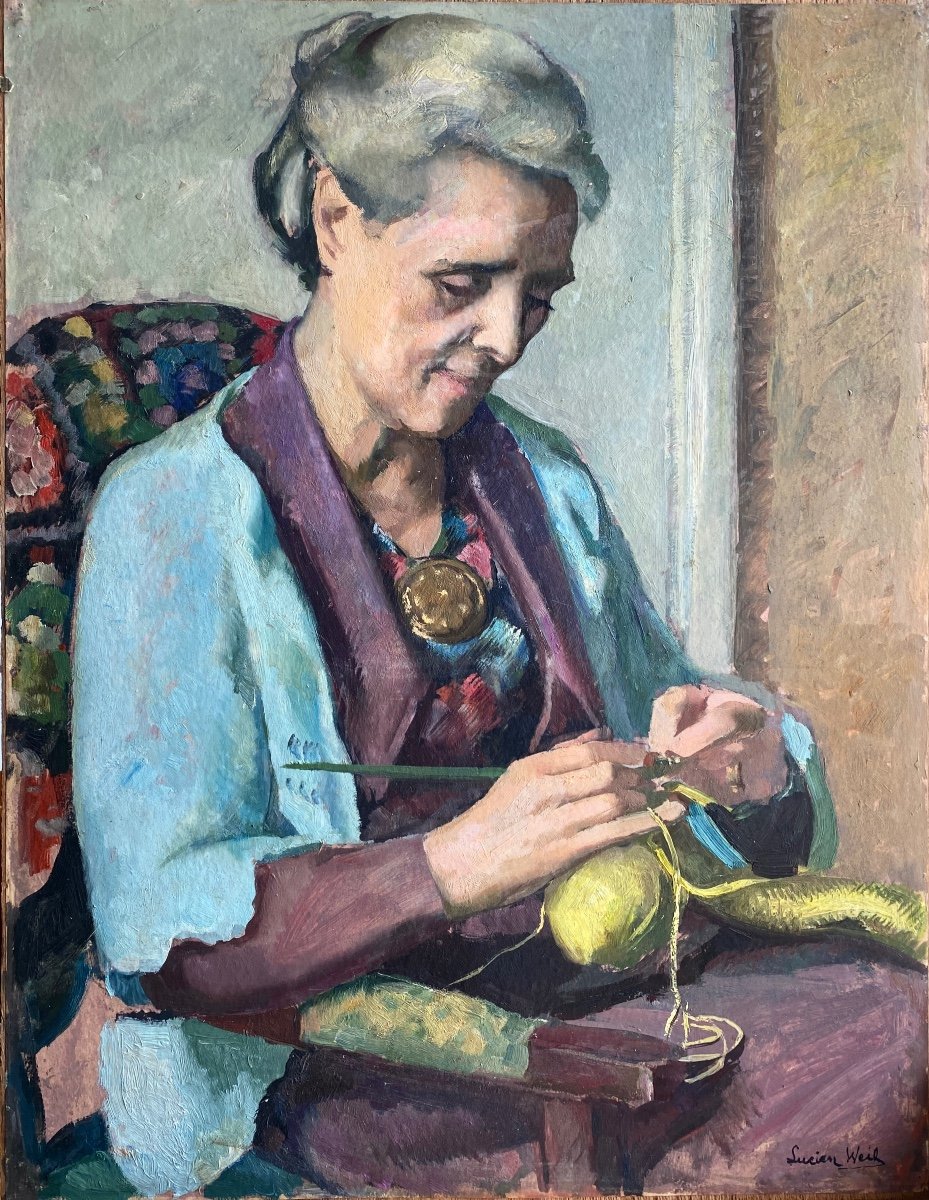 Oil Painting By Lucien Weil 1902-1963 Portrait Of A Woman With A Crochet Hook 