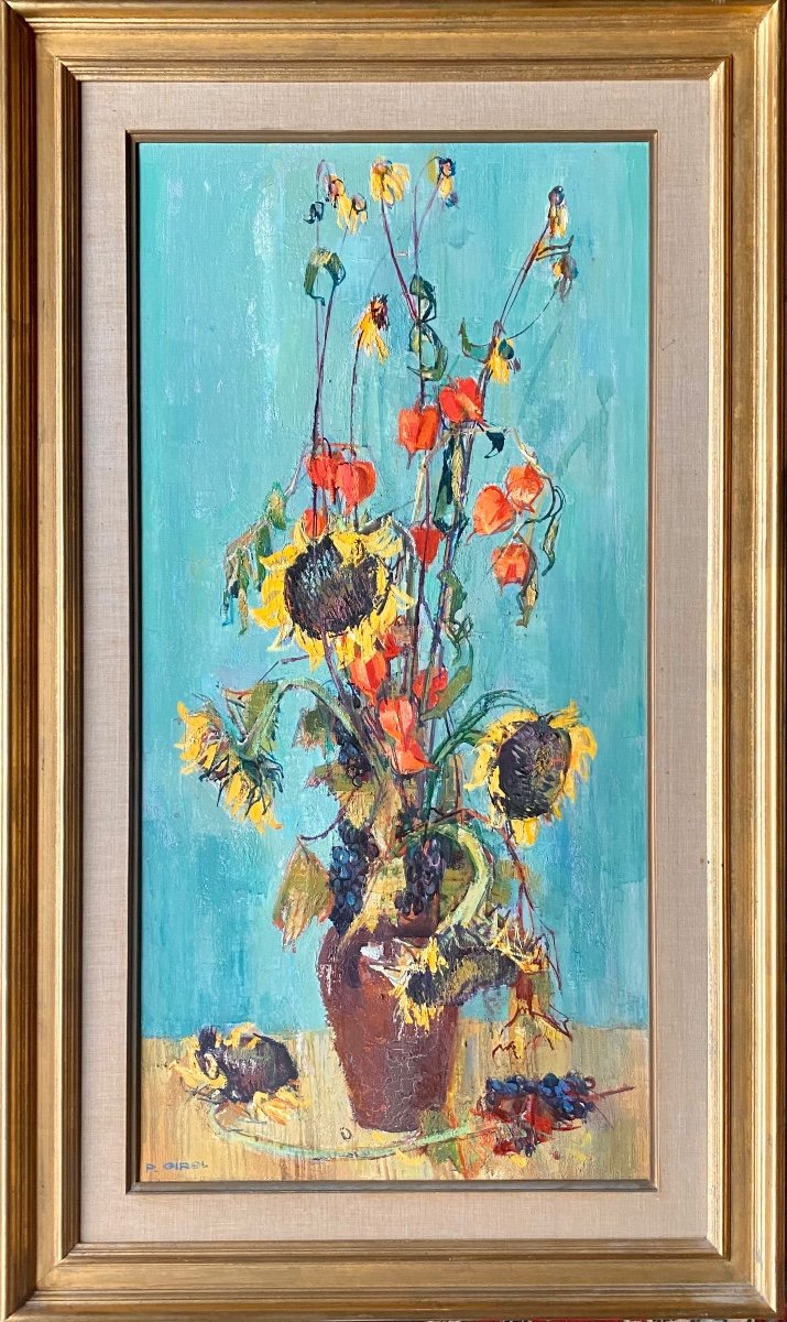 Grande Huile Sur Toile De Paul Girol 1911 1988 Bouquet De Fleurs Soleils Séchés Et Physallis