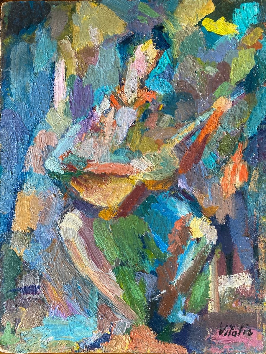 Oil On Hardboard By Macario Vitalis (1898-1989) The Musician - Guitarist