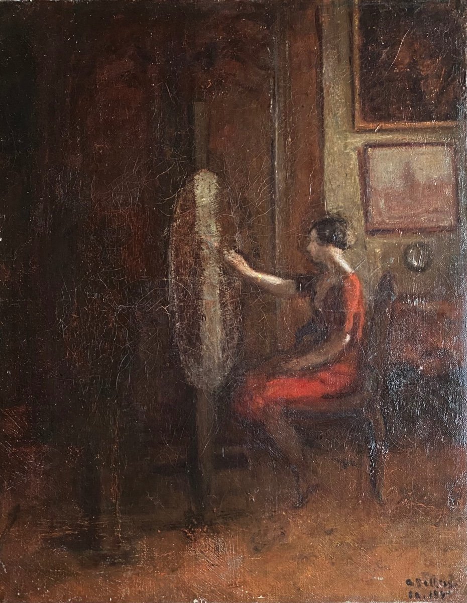 Oil On Canvas Circa 1930-40 Illegible Signature Female Painter In A Studio Interior-photo-4