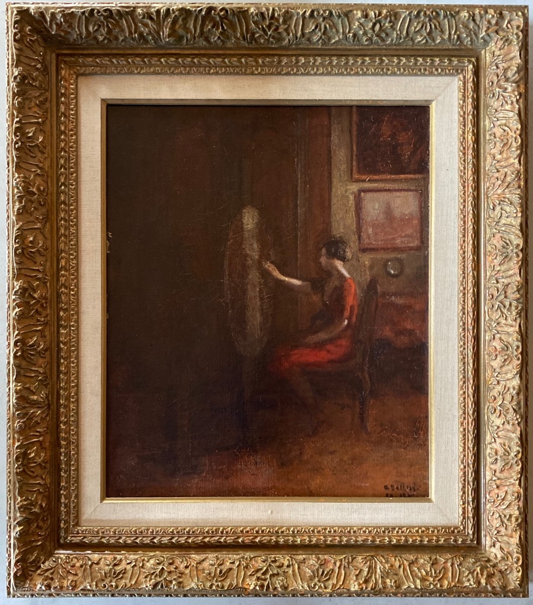 Oil On Canvas Circa 1930-40 Illegible Signature Female Painter In A Studio Interior