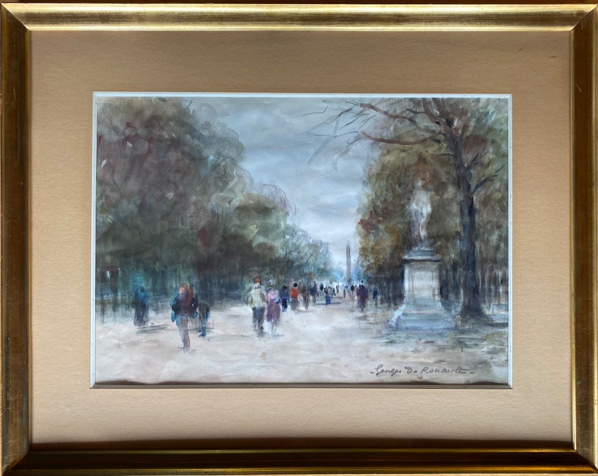 Aquarelle De Georges Dominique Rouault 1904 - 2002 Vue Du Jardin Des Tuileries à Paris-photo-2