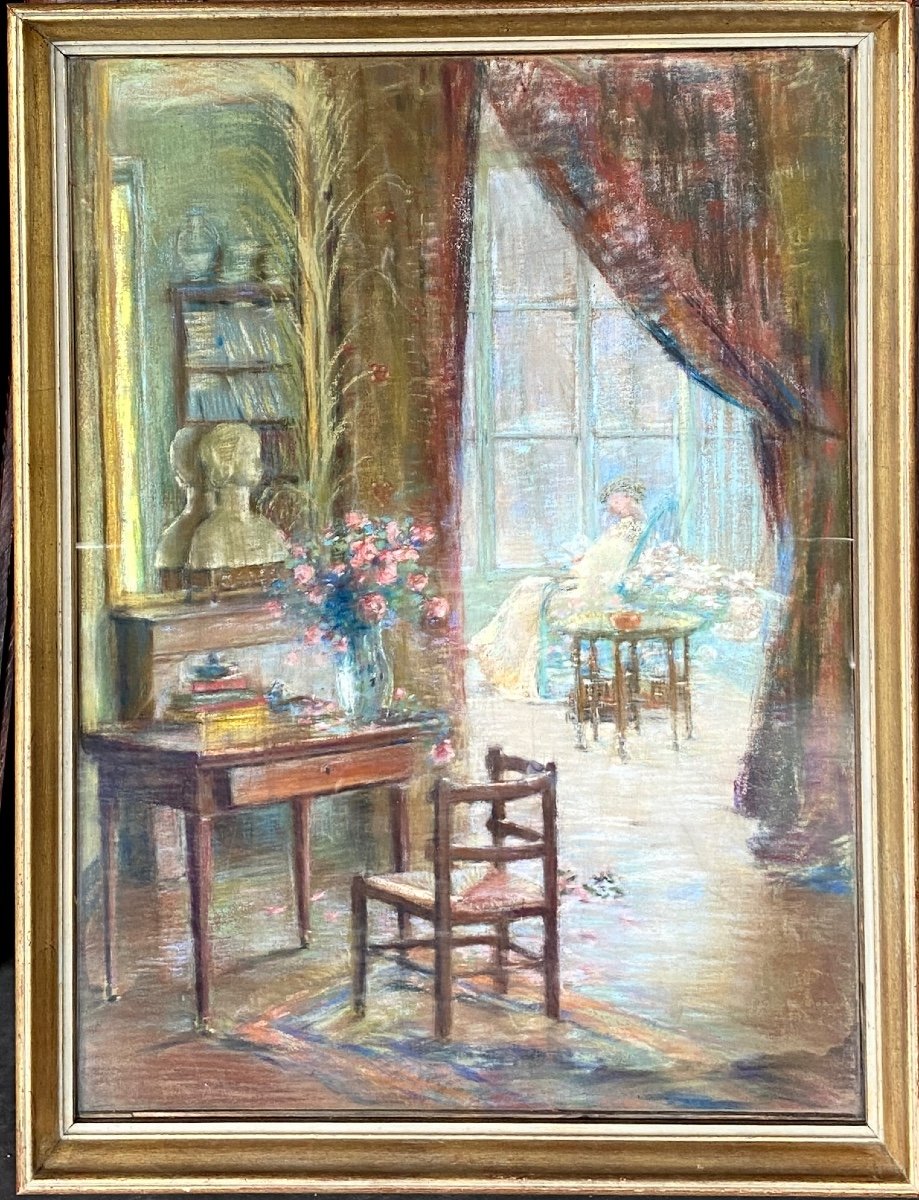 Pastel Scène d'Intérieur La Lecture Attribuée à Berthe Claude Bourgonnier Claude Décédée 1921 