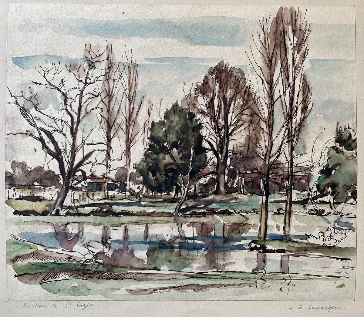 Saint-dizier (haute-marne) - Aquarelle Signée Louis-Albert Demangeon (1909-1979)