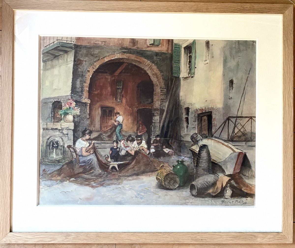 Hervé Mathé 1868 1953 "the Net Joiners In Villefranche-sur-mer" Gouache And Watercolor-photo-4