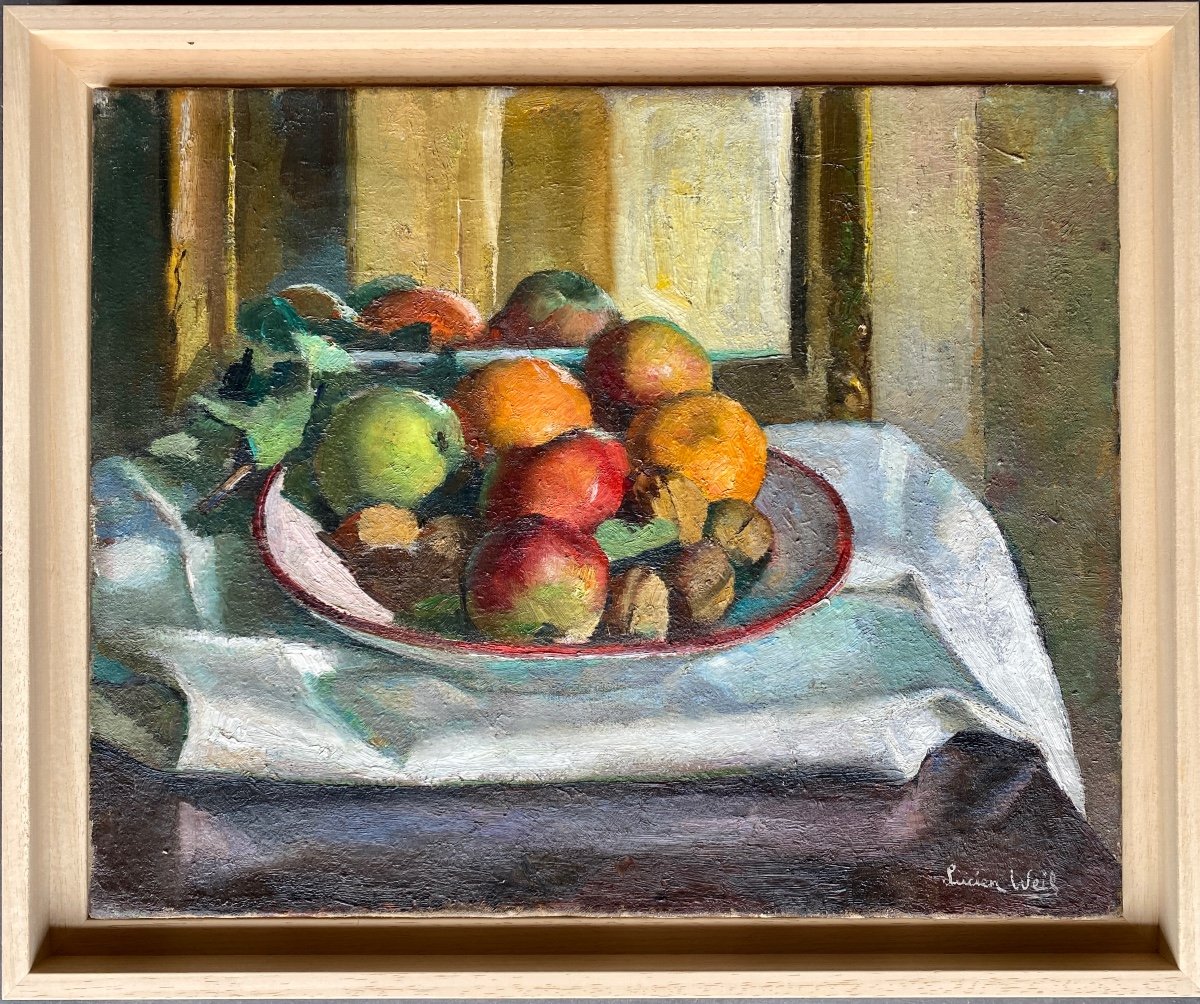 Oil On Canvas By Lucien Weil 1903 1963 - Still Life With Fruit And Reflection-photo-2