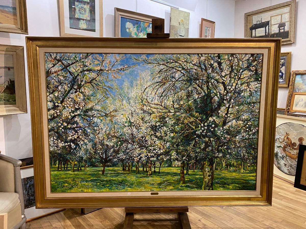 View Of A Spring Orchard Very Large Oil On Canvas By Etienne Le Compte 1931 - 2010-photo-4