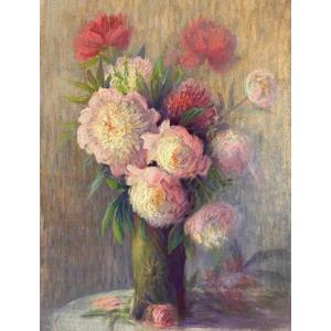 Pastel Flower Vase Late 19th Early 20th Century 72 X 56 Cm Illegible Signature - Pair Available