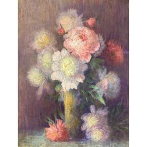 Pastel Flower Vase Late 19th Early 20th Century 72 X 56 Cm Illegible Signature - Pair Available