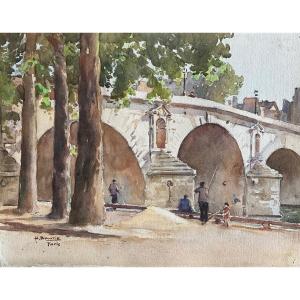 Paris Le Pont Marie Les Quais Les Pêcheurs Oeuvre De l'Aquarelliste Henri Bouvrie 1896 1973