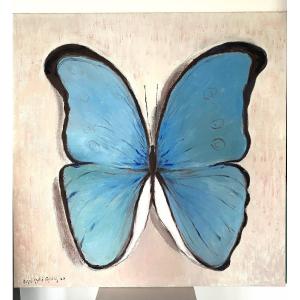 Papillon Bleu 1m X 1m  Huile Sur Toile De Henri André Martin 1918 2004