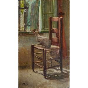 Huile Sur Bois - Le Chat à La Fenêtre - Fin 19ème Début 20ème Signature Illisible 35,5 X 21 Cm