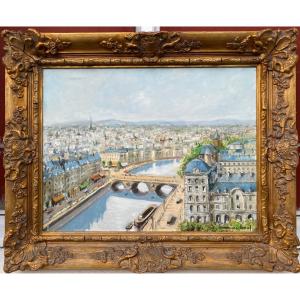 Vue De Paris Peinte Du Haut De Notre Dame De Paris Huile Sur Toile  1950-60 Signature Illisible