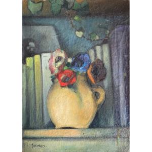 Huile Sur Toile 46x33 Cm De Gabriel Belot 1882 1962 - Nature Morte Aux Fleurs Et Aux Livres