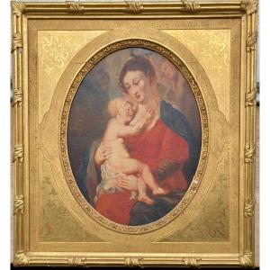 Vierge à l'Enfant Huile Sur Toile 19ème Monogramme Dos H C Cadre D’origine – Ovale 26 X 33 Cm 