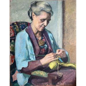 Huile De Lucien Weil 1902 1963 Portait De Femme Au Crochet 