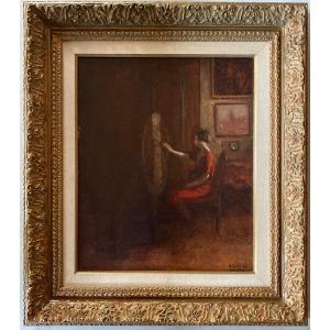 Oil On Canvas Circa 1930-40 Illegible Signature Female Painter In A Studio Interior