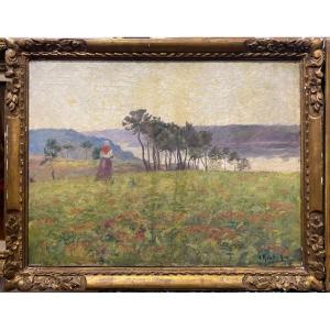 Paysage Personnages Sur Les Côtes De Bretagne Huile Sur Toile De Alphonse Roubichou 1881 1938