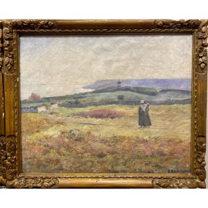 Paysage Personnages Sur Les Côtes De Bretagne Huile Sur Toile De Alphonse Roubichou 1881 1938 B