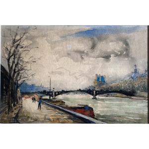 Aquarelle  Frank William Boggs dit Frank Will 1900-1950 Vues Paris  Pont Du Carousel  Le Louvre