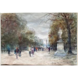 Watercolor By Georges Dominique Rouault 1904 - 2002 View Of The Tuileries Garden In Paris