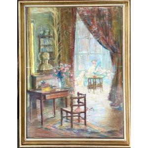 Pastel Scène d'Intérieur La Lecture Attribuée à Berthe Claude Bourgonnier Claude Décédée 1921 