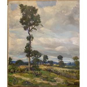 Lucien Jonas 1880 - 1947 Paysage Sarthe Ou Normandie Huile Sur Toile 55x46 Cm  Signé Daté 1946