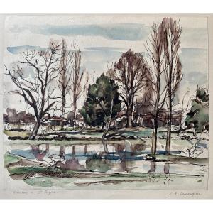 Saint-dizier (haute-marne) - Aquarelle Signée Louis-Albert Demangeon (1909-1979)