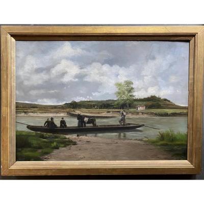 Oil On Canvas Animated Barge Signed Ch Sicard? Circa 19-20ème Beau Format 92,5x65cm