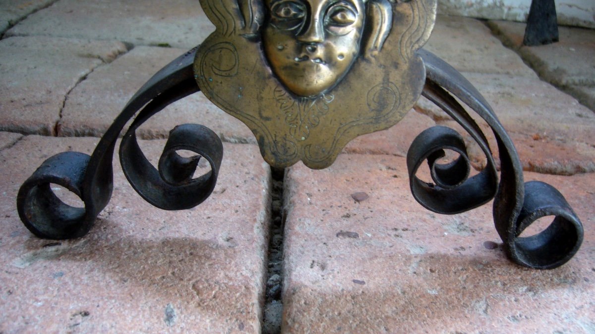 Paire Chenets Louis XIV , Bronze Et Fer.-photo-2
