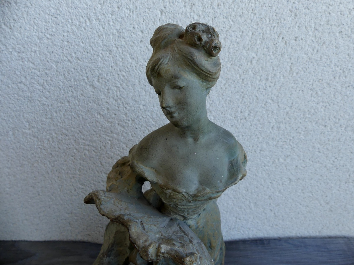 Terracotta Sculpture, Young Woman With A Fan By Cacciapuoti Guido.-photo-1