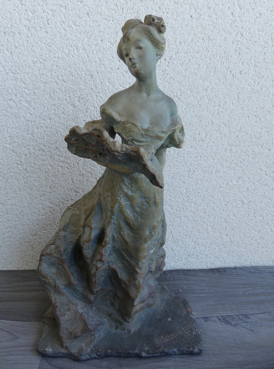 Terracotta Sculpture, Young Woman With A Fan By Cacciapuoti Guido.