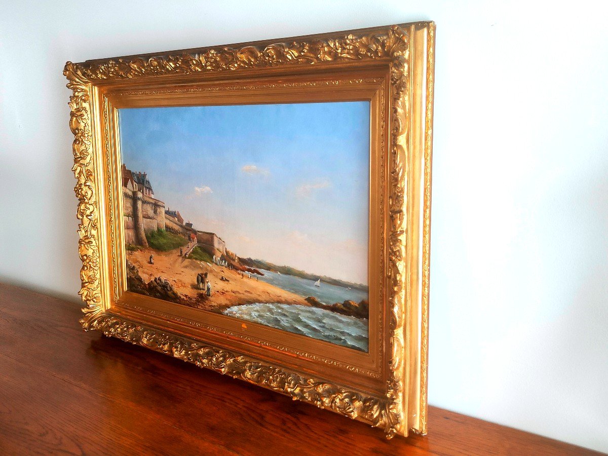 Brittany: The Beach Of "bon Secours" In Saint-malo, Signed J.pradier, Around 1880.-photo-2