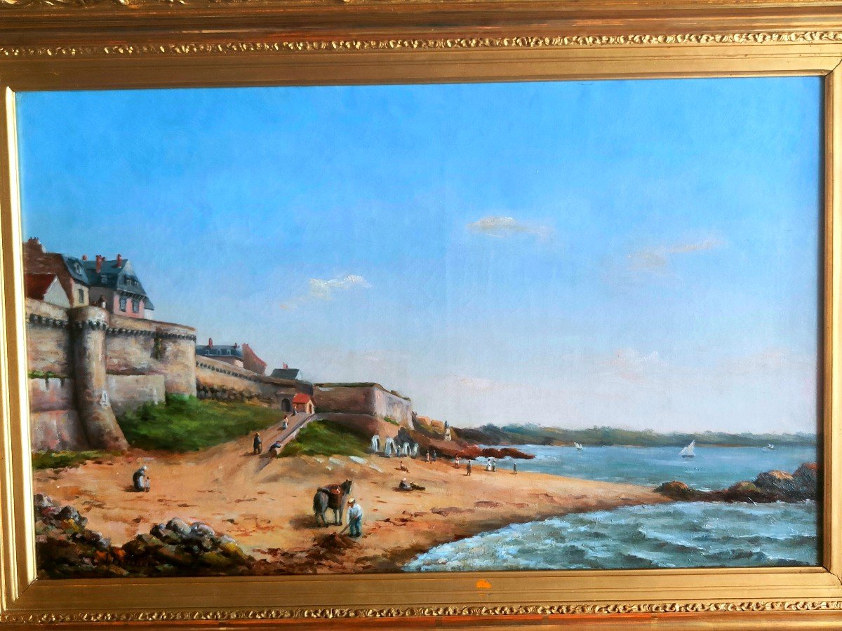 Brittany: The Beach Of "bon Secours" In Saint-malo, Signed J.pradier, Around 1880.-photo-3