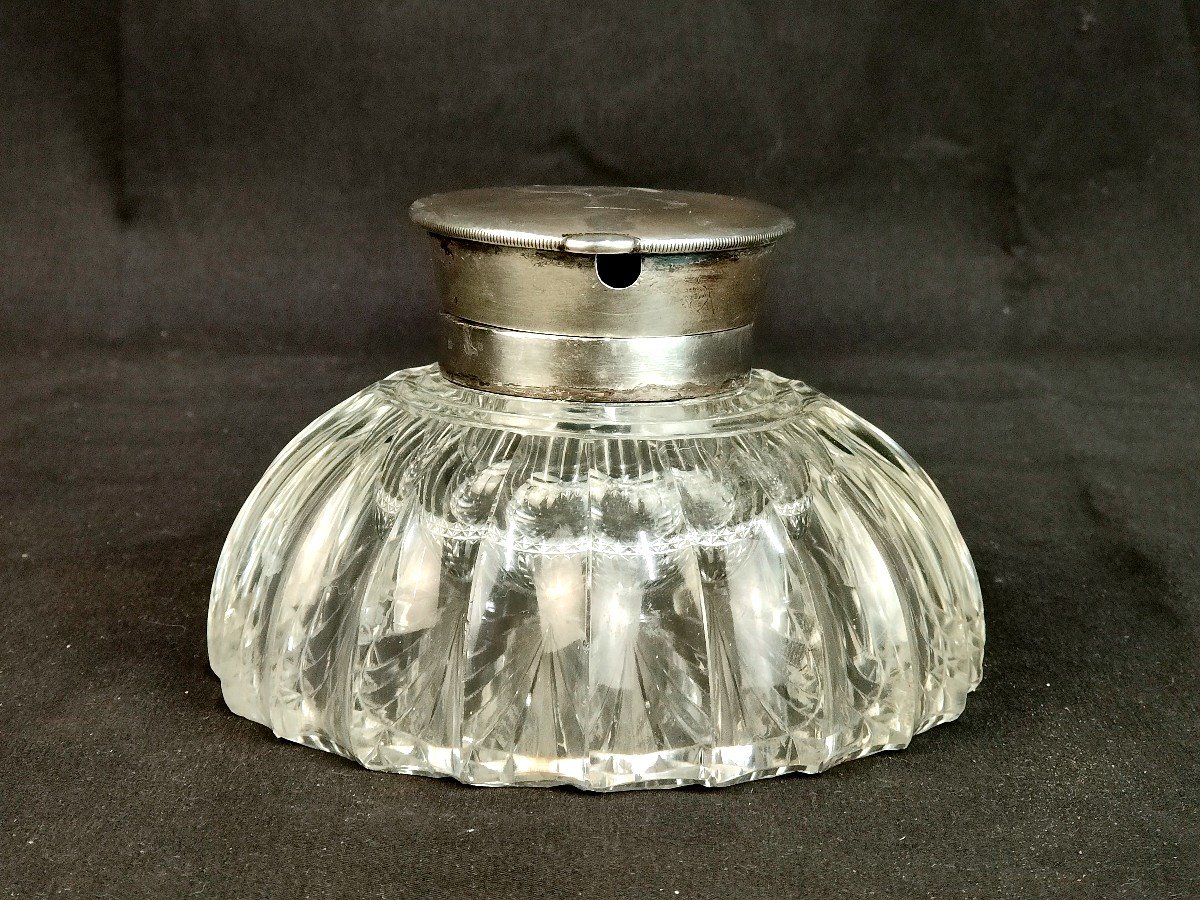 Mappin & Webb English Crystal And Sterling Silver Inkwell