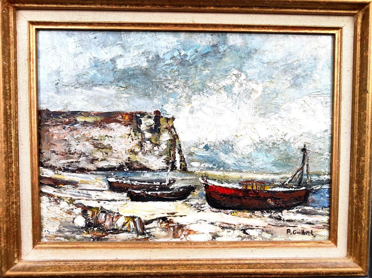 P.GUILBERT : Huile sur toile "Les Falaises d'Etretat"-photo-1