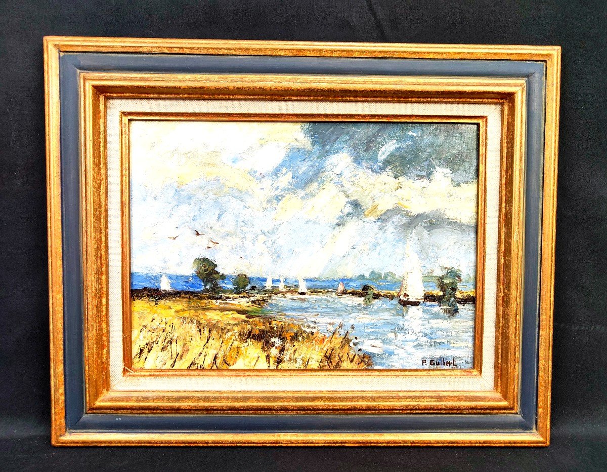 P. Guilbert : Huile Sur Toile Port De Plaisance