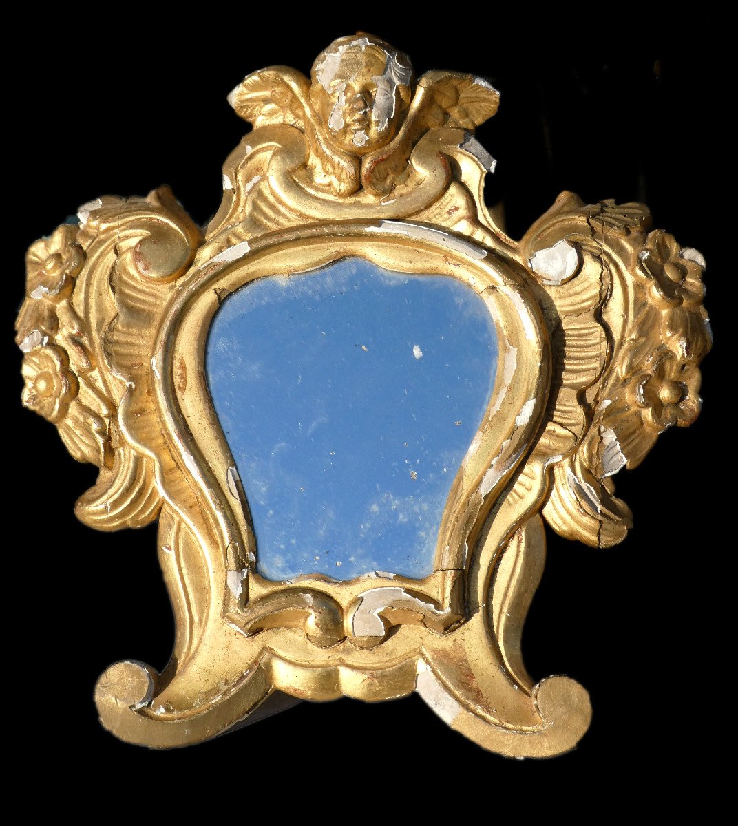 Paire De Miroirs d'Appliques , Bois Doré Italien , Têtes d'Angelots Anges XVIIIe Siecle Venise-photo-2