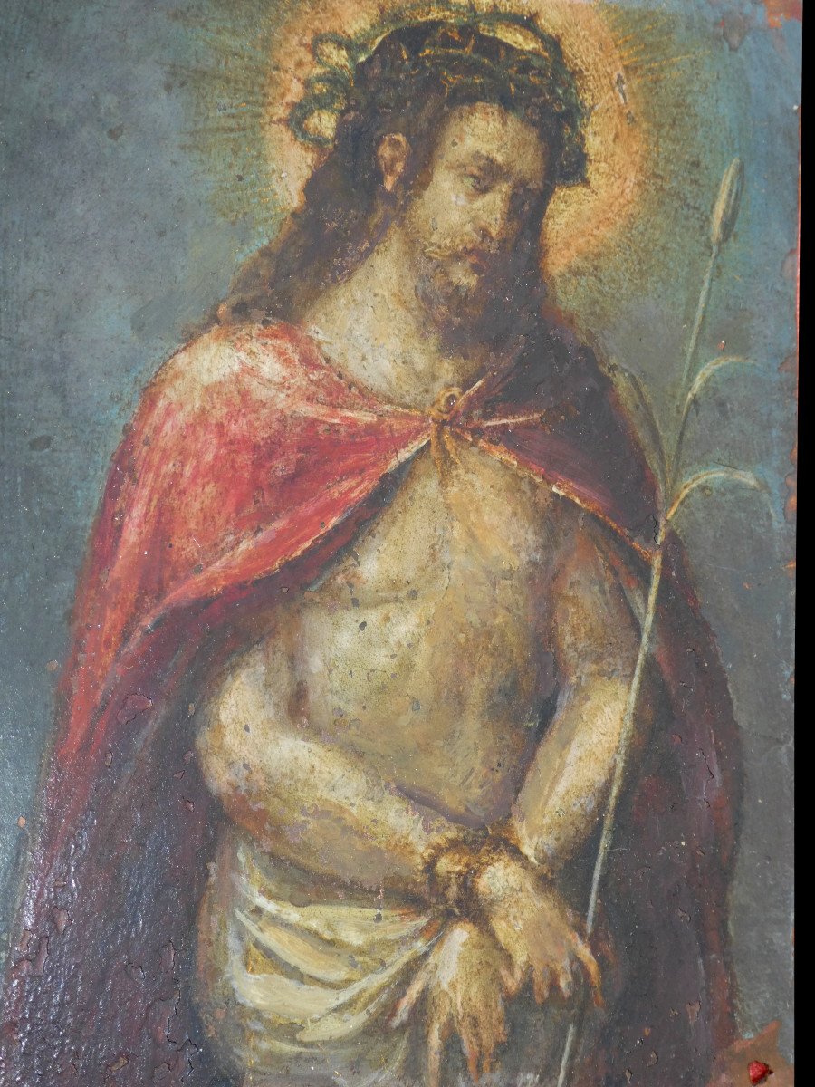 Oil On Flemish Copper, 17th Century Period, Christ With Reed, Religious Subject -photo-4