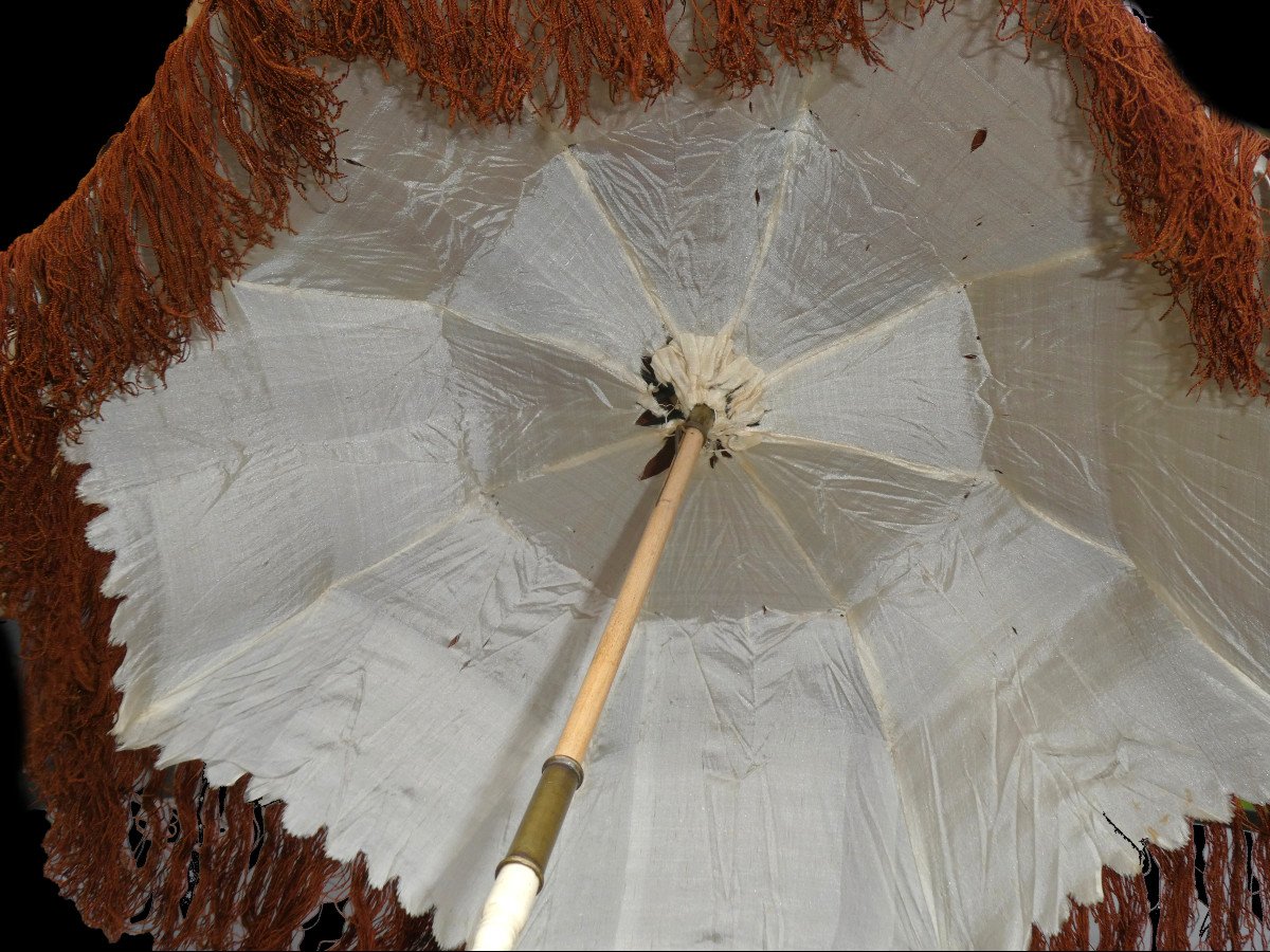 Napoleon III Period Marquise Umbrella, Ivory And Corrozo Handle, Silk And Fringes, 19th Century -photo-3