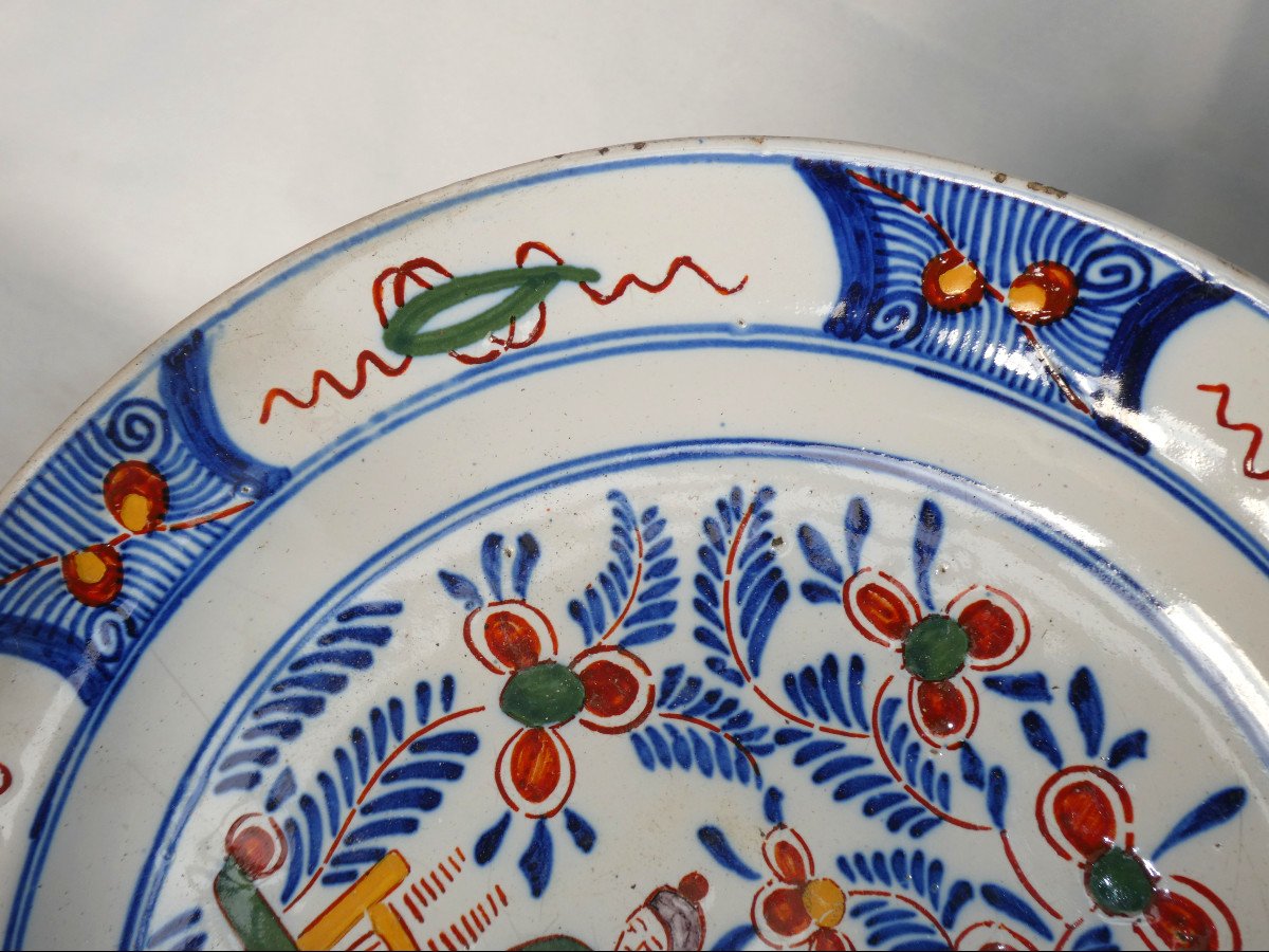 Assiette à Crepes Pannekoek En Faience Polychrome De Delft , Décor Au Chinois , XVIIIe Siecle , Manufacture des deux Bateaux-photo-4