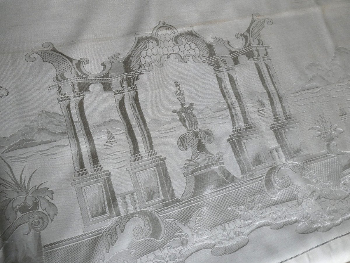 Large Damask Silk Table Cloth, Napoleon III Decor, Lake Constance, Characters -photo-2