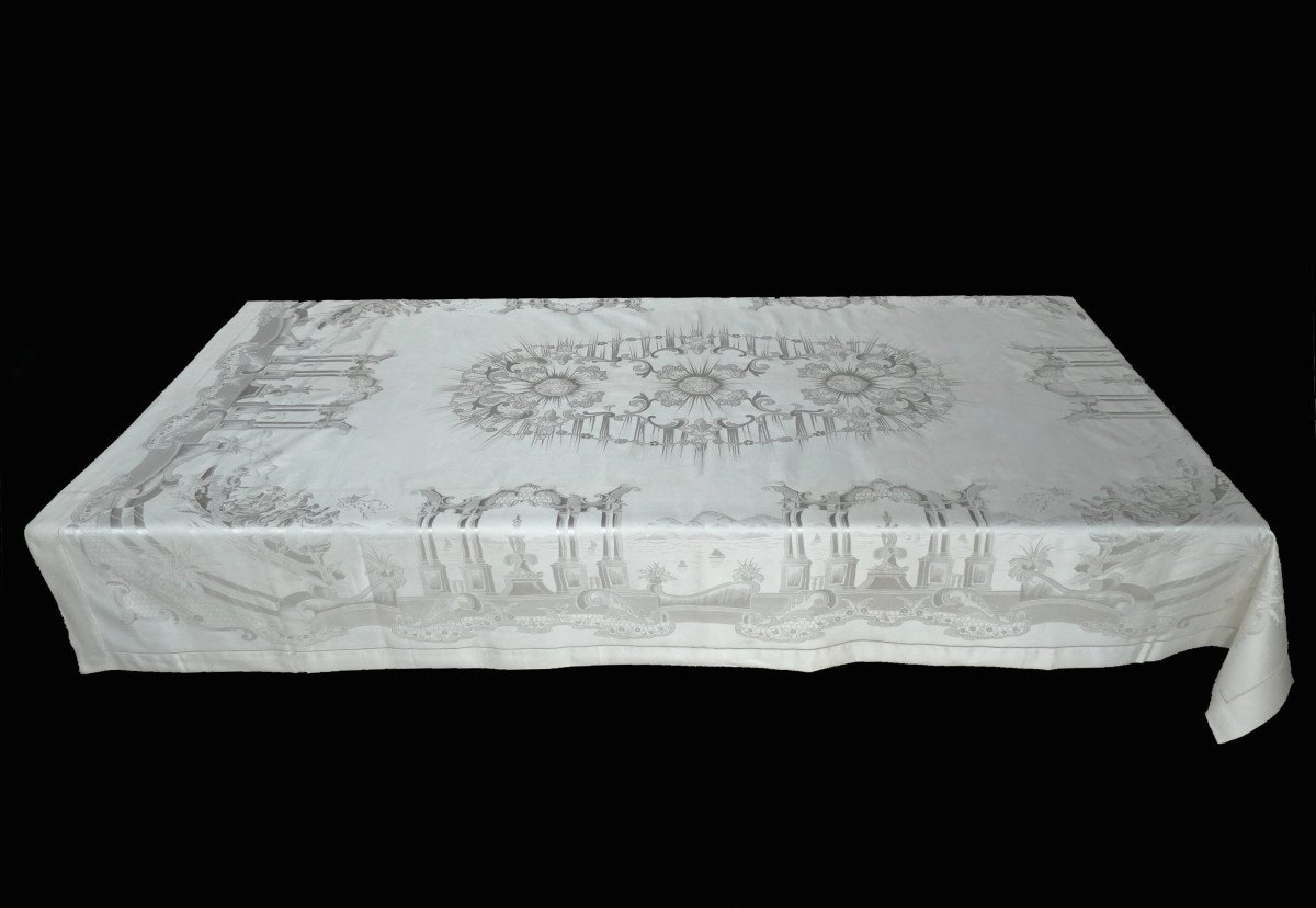Large Damask Silk Table Cloth, Napoleon III Decor, Lake Constance, Characters -photo-3