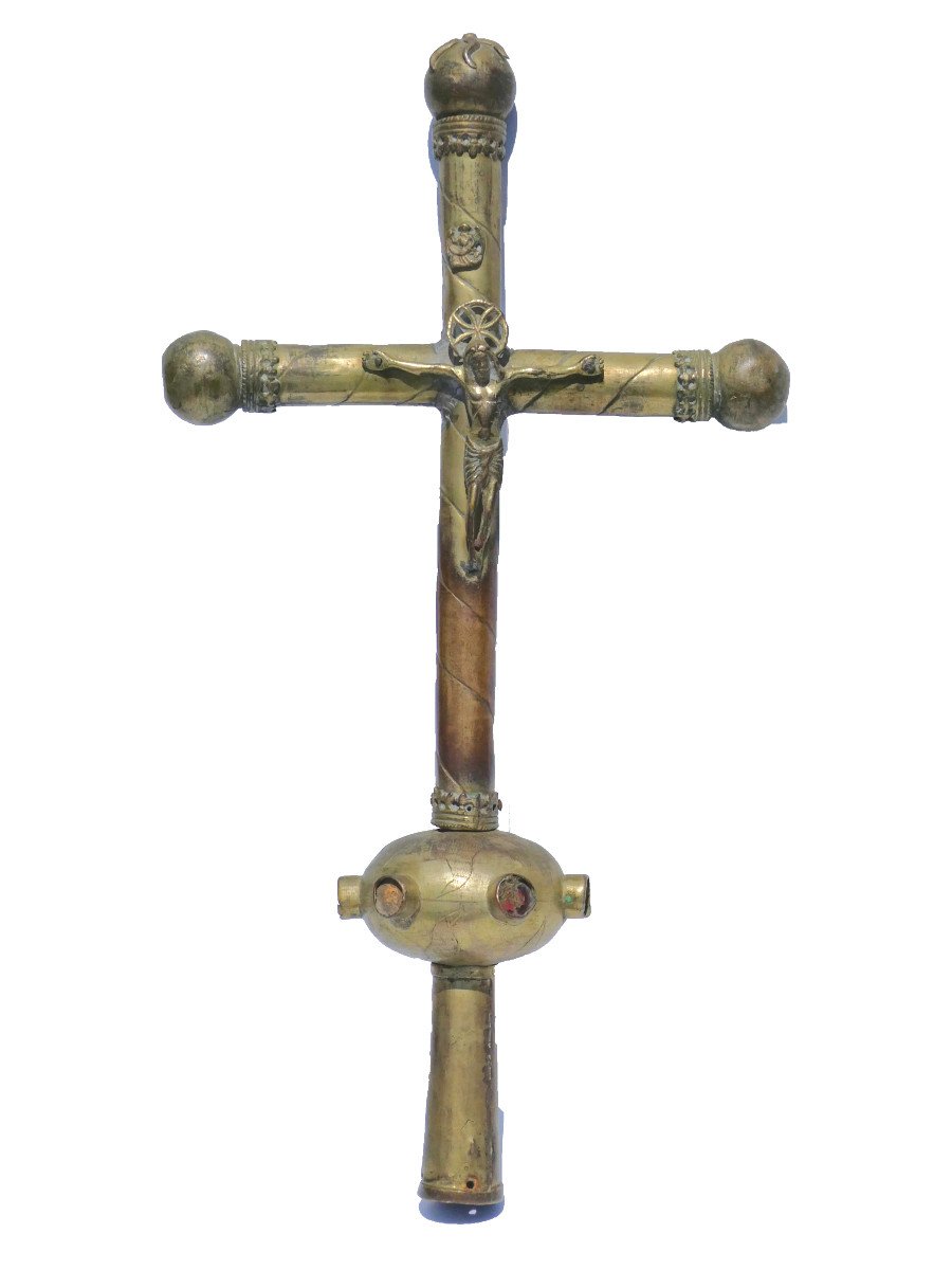 Large Processional Cross In Bronze & Brass, Haute Epoque, 16th Century, Haute Auvergne-photo-3