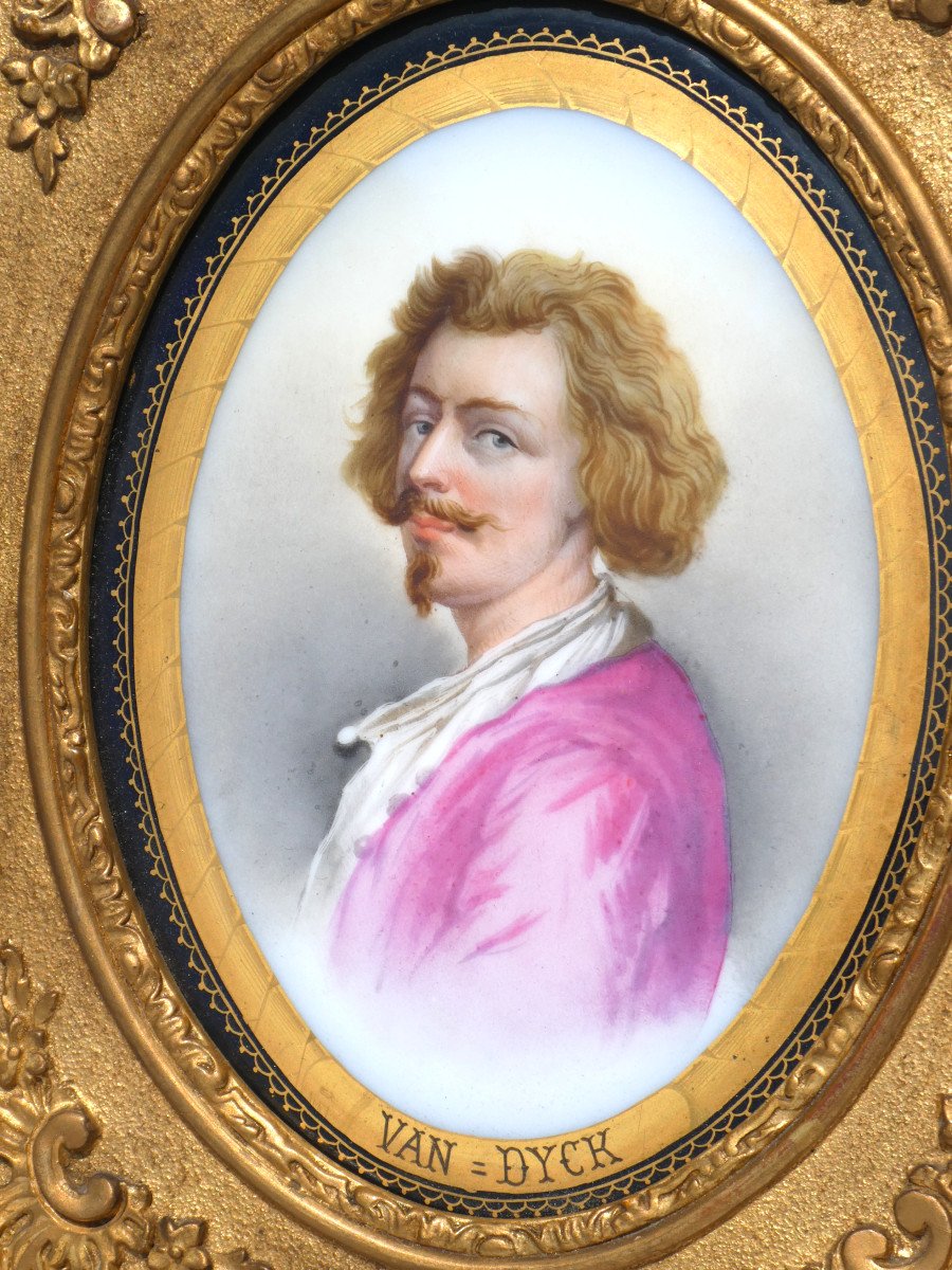 Peinture Sur Porcelaine Epoque Napoleon III Autoportrait Du Peintre Van Dyck XIXe Cadre Doré-photo-2