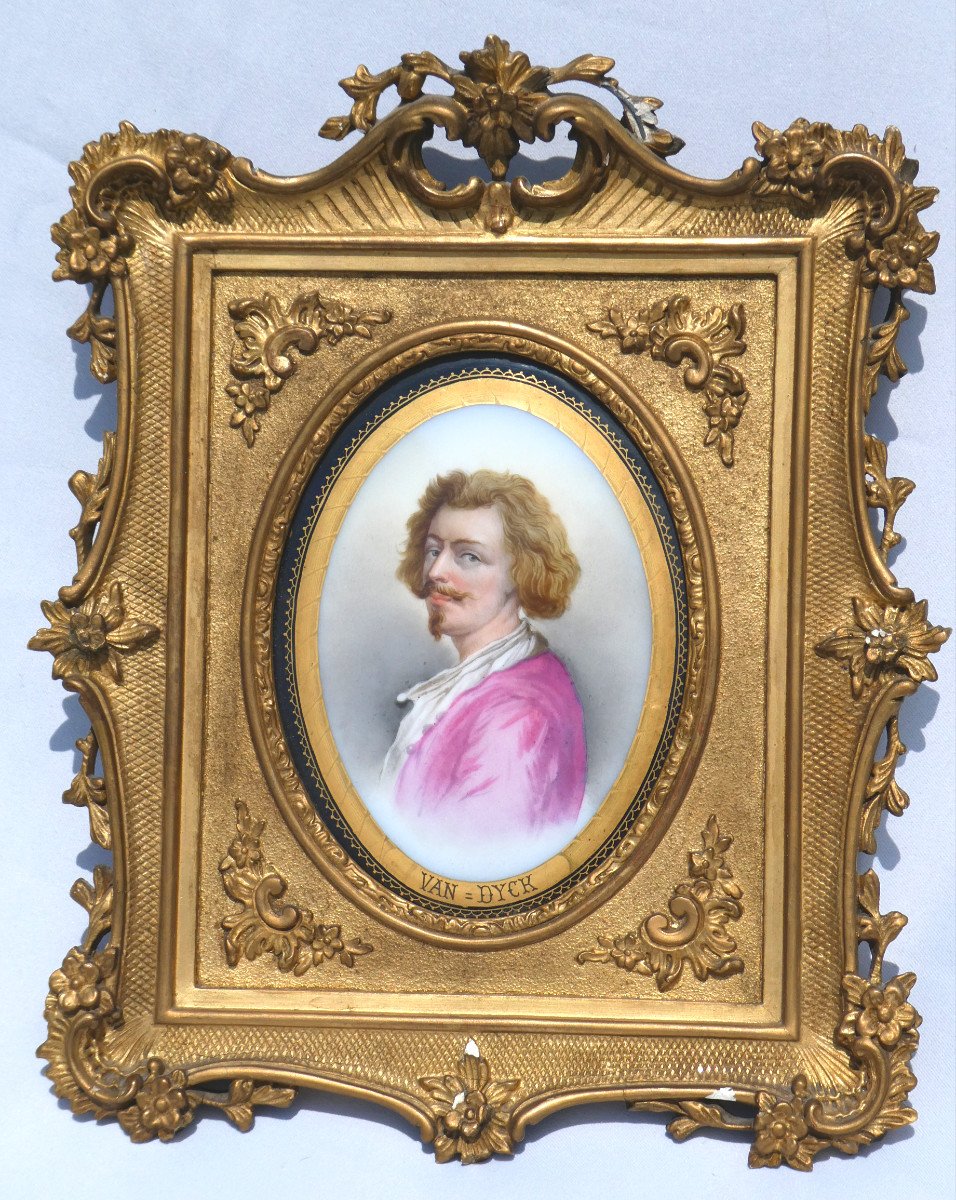 Peinture Sur Porcelaine Epoque Napoleon III Autoportrait Du Peintre Van Dyck XIXe Cadre Doré