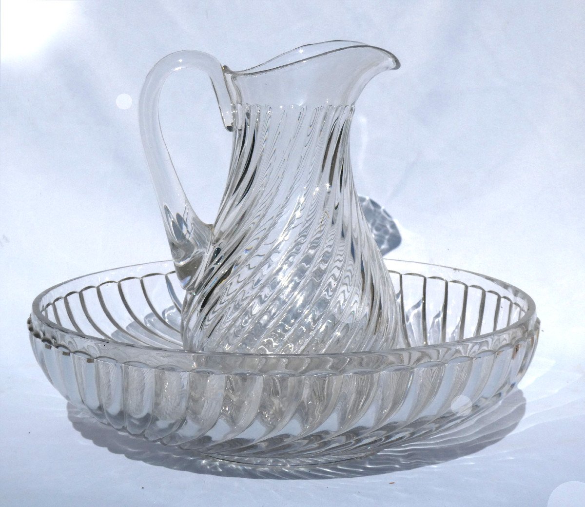 Very Large Pitcher & Toilet Bowl In Baccarat Crystal 1900, Twisted Bamboo, Bathroom