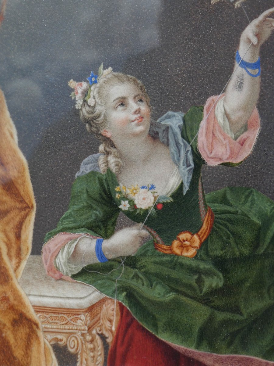 Peinture Sur Velin Epoque XVIIIe Siecle , Jeune Fille à l'Oiseau d'Aprés Jean Raoux , Miniature-photo-3