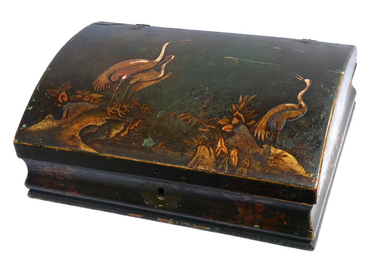 18th Century Wig Box, Lacquer, Japanese Decor Of Cranes, Object Of Virtues, Perfume
